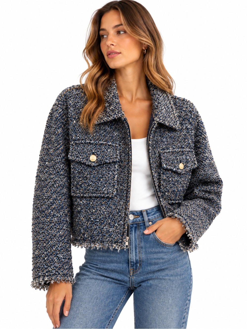 Democracy Navy Bouclé Zip-Front Crop Jacket with Gold Buttons